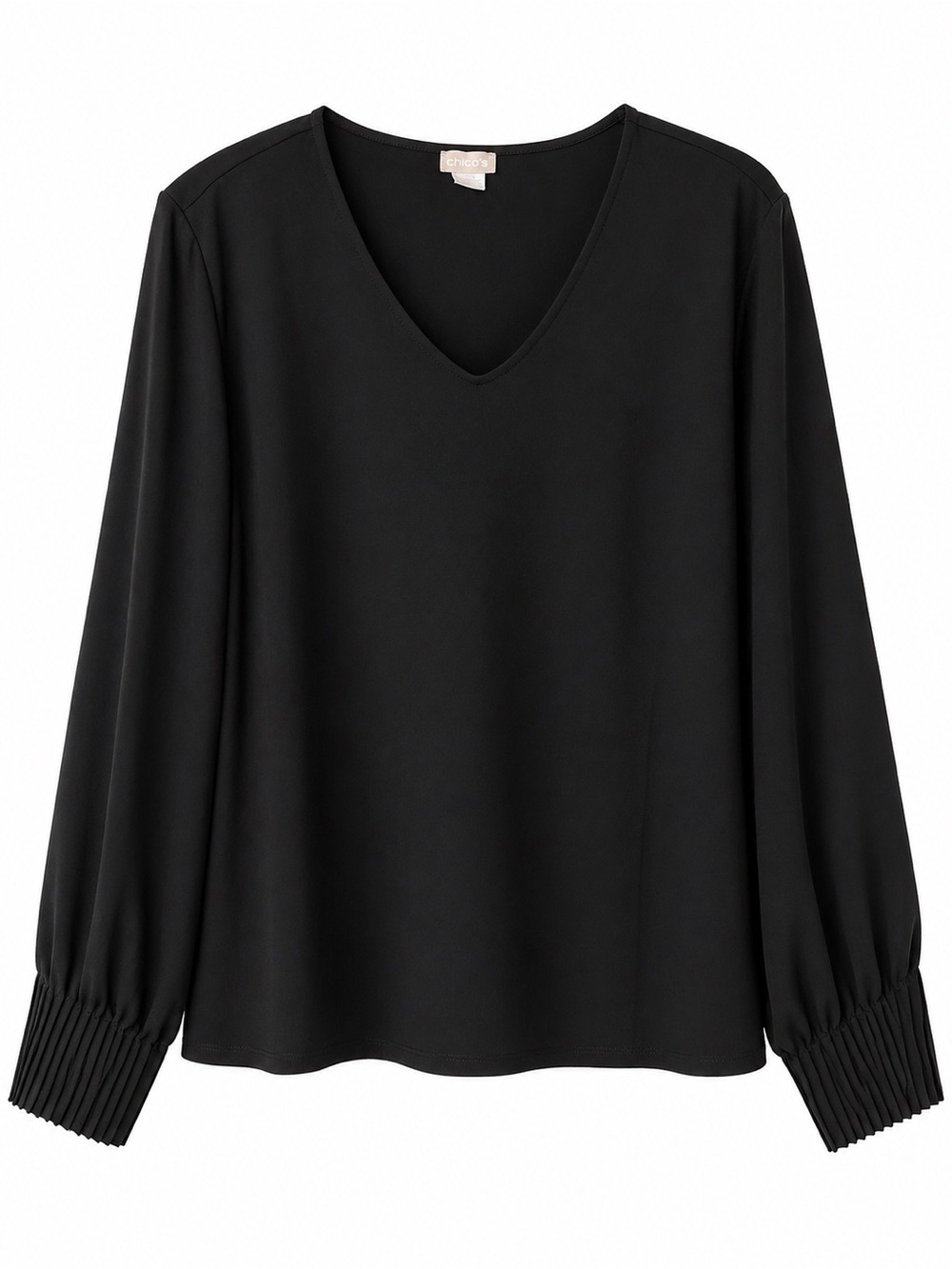 Chico’s Black V-Neck Blouse Pleated Sleeve Detail Size 2 (L)